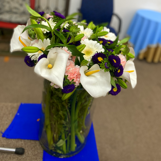 Arums, Lilies, Seed Asters, Carnations and Gebras in a Vase - 20 Stems+ - Fresh mixed flowers from Dias Florist Johannesburg