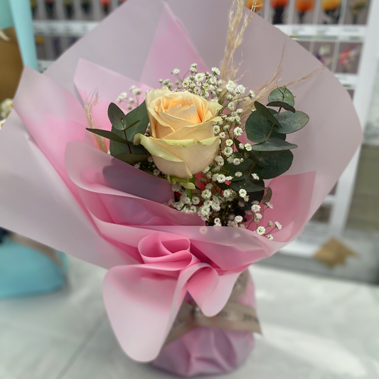 Single Rose Bouquet - 1 Peach Pink Rose with Gypsophila - 1 Stem - Fresh mixed flowers from Dias Florist Johannesburg