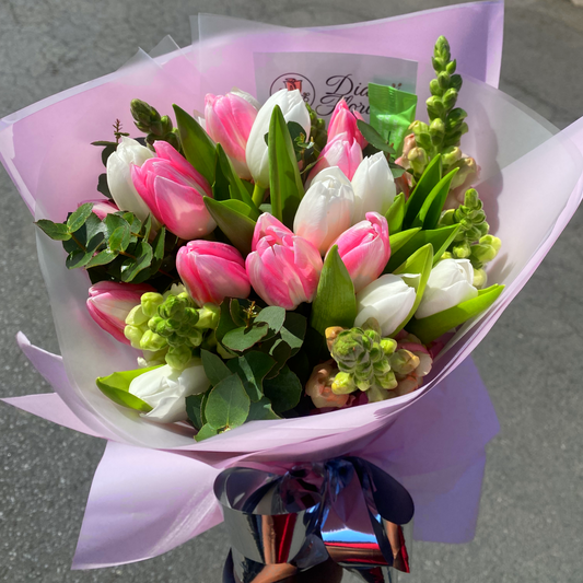 White and Pink Tulips with Snapdragons and Eucalyptus Full Bouquet (20+ stems) - Fresh mixed flowers from Dias Florist Johannesburg