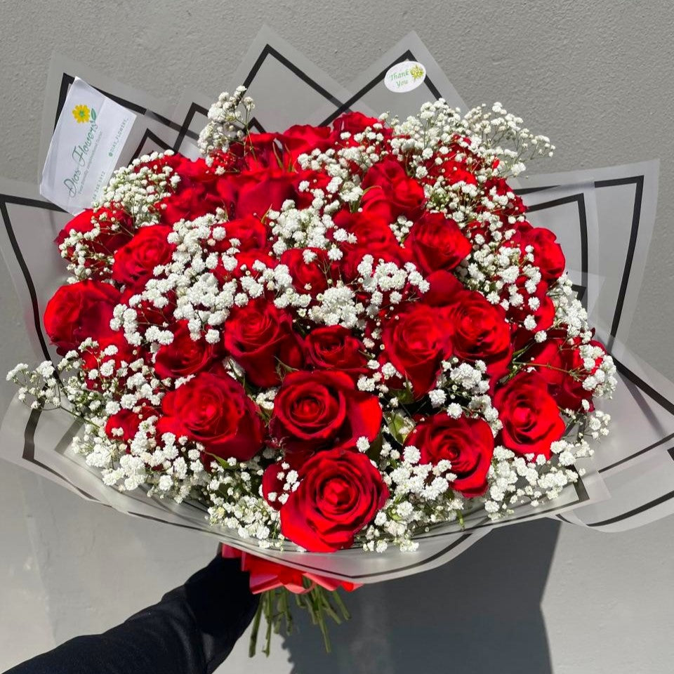 Fresh Red Roses with Gypsophila Bouquet Johannesburg | Minimum 10 Stems | Florist City Deep